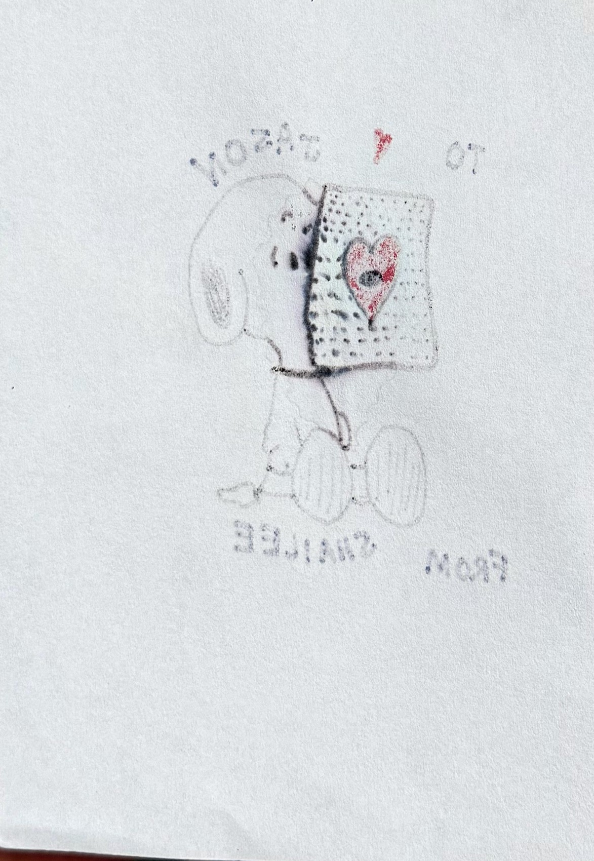 The back of that page — the Snoopy drawing showing through the paper