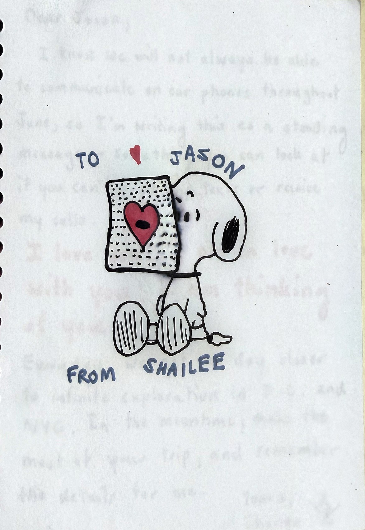 Snoopy hugging a heart — "TO ♥ JASON, FROM SHAILEE"